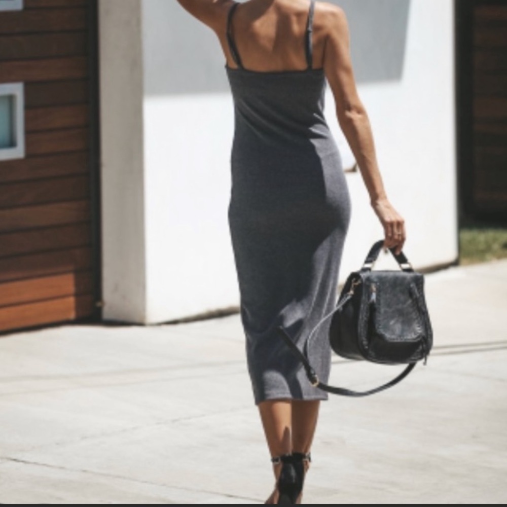 VICI Gray Ribbed Strap Spaghetti Strap Button Front Slit Midi Dress Women Large‎ - Picture 4 of 4